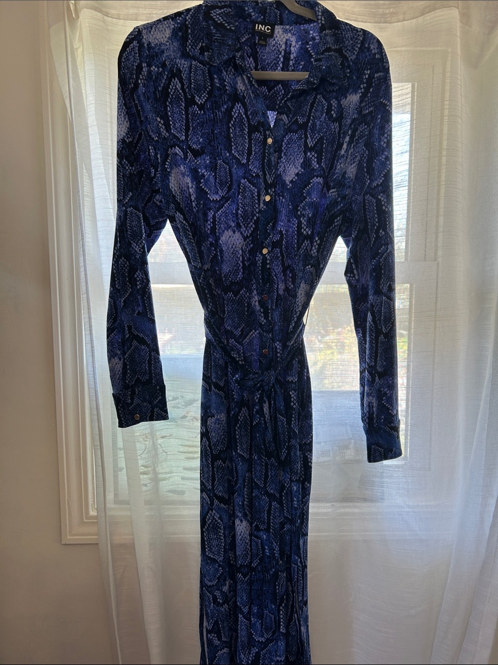 INC International Concepts Navy Blue Snake-Print Long Sleeve Maxi Dress